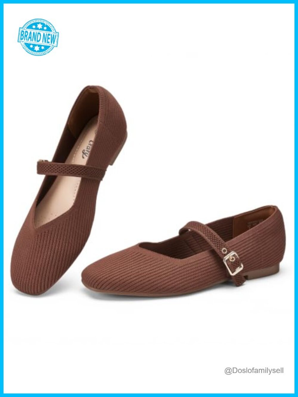 Square Toe Mary Jane Knit Flats Adjustable Strap Cushioned Comfort Women's